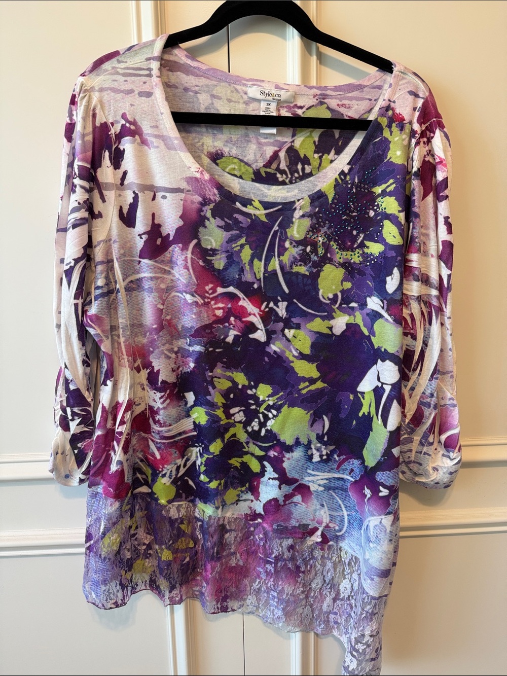 Style & Co. Purple Multi Floral Scoopneck Tunic with an A-Line Lace Bottom Trim